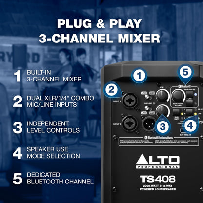 ALTO TS408 2000W 8" Powered PA Speaker with 3 Channel Mixer, Bluetooth Streaming, Wireless Loudspeaker Linking, DSP and ALTO App