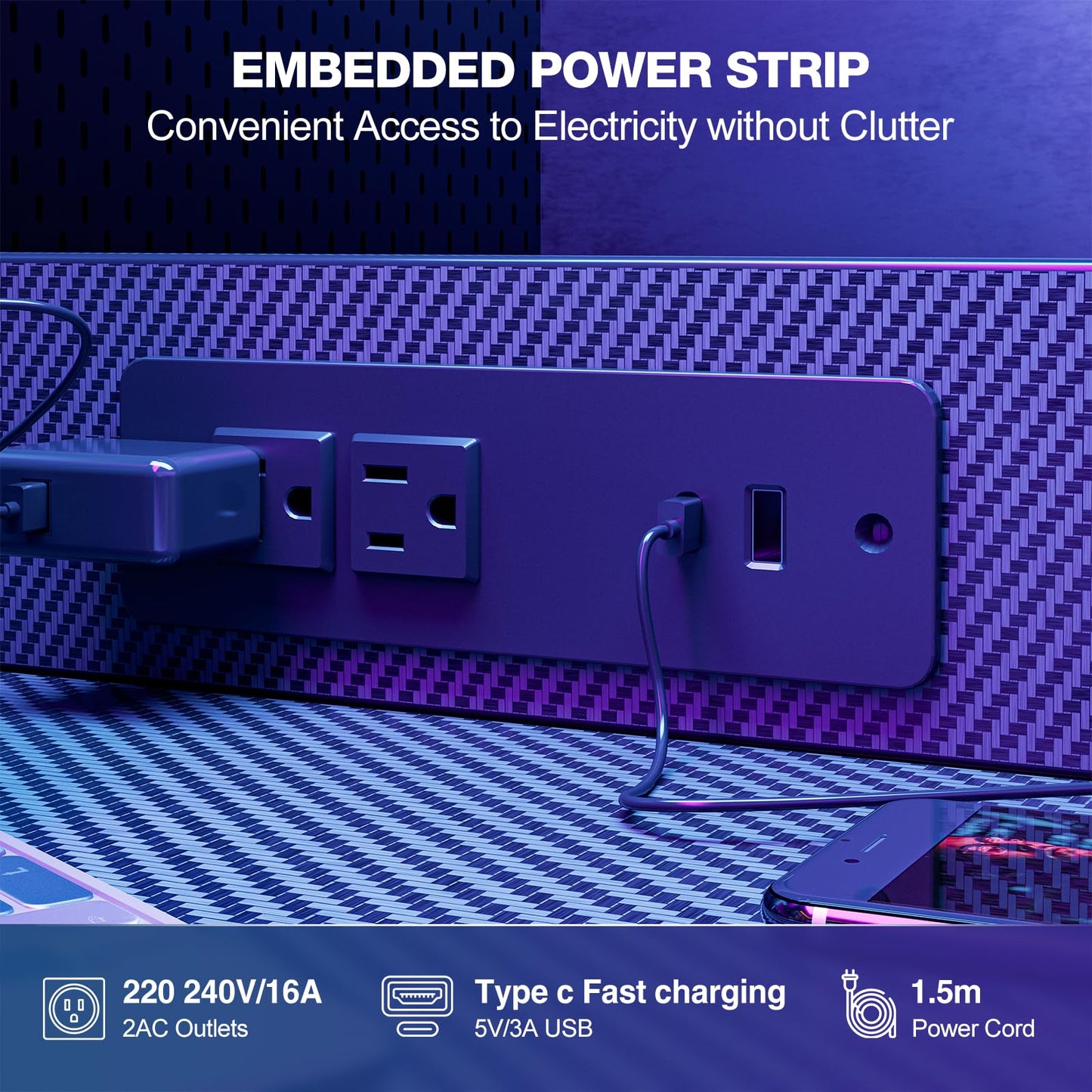 Grandder Gaming Desk 40 Inch with Power Outlet and LED Light, Computer Desk with Reversible Shelves and Storage Drawer, Pc Small Desk for Home Office Table with Bag, Carbon Fiber Black