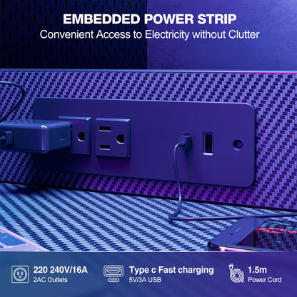 Grandder Gaming Desk 40 Inch with Power Outlet and LED Light, Computer Desk with Reversible Shelves and Storage Drawer, Pc Small Desk for Home Office Table with Bag, Carbon Fiber Black