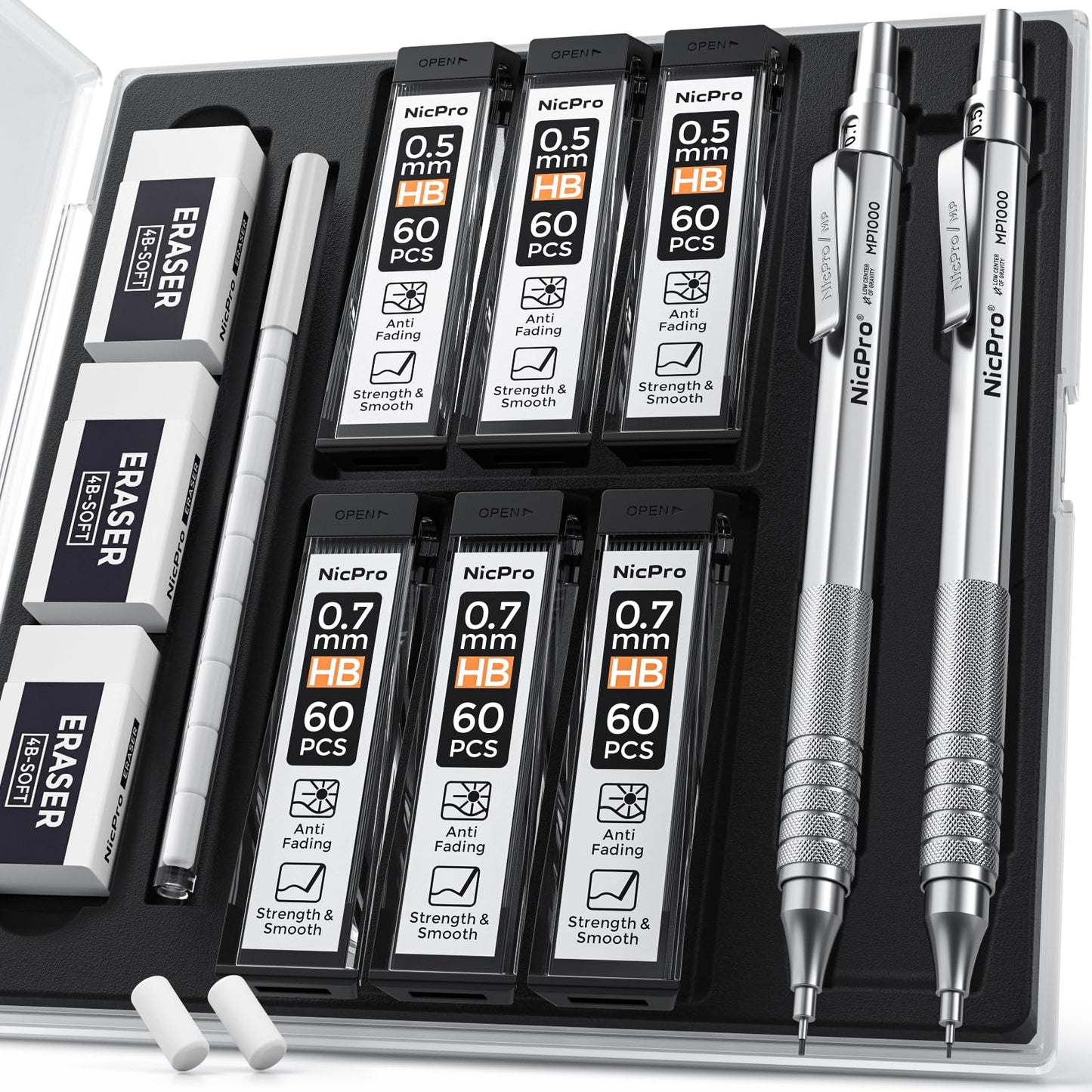 Nicpro 2 PCS Mechanical Pencil 0.5mm & 0.7 mm with Case, MP1000 Metal Artist Pencil Set with 6 Tubes HB Lead Refills, 3 Erasers, 9 Eraser Refills For Art Writing Drafting, Drawing, Sketch, Silver
