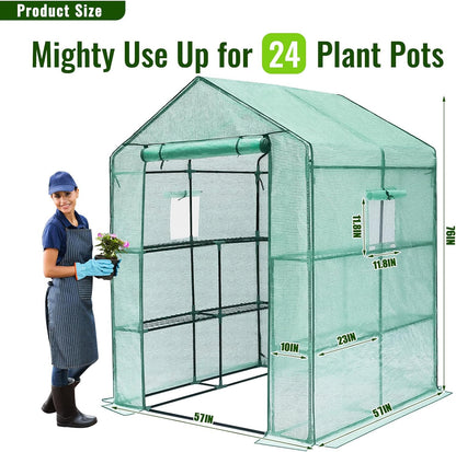 Greengro Greenhouse, 57 x 57 x 76'' Greenhouses for Outdoors, Durable Green House Kit with Window, Thicken PE Cover, 3 Tiers 8 Shelves, Heavy Duty Walk in Green Houses for Indoor Backyard Outside