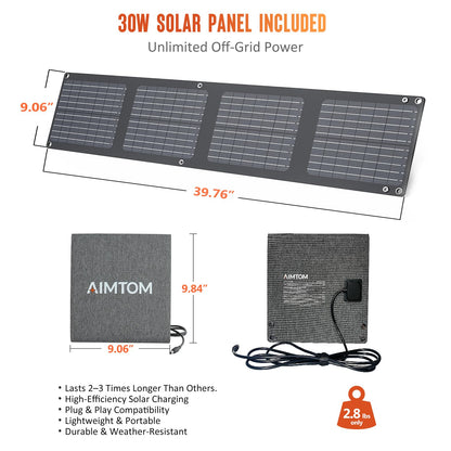 AIMTOM 155Wh Portable Power Station with 30W Solar Panel – 150W Peak/110V AC, 18W USB-C, 2x USB-A & 12V DC – Solar Generator for Camping, Home, RV, Travel & Emergencies