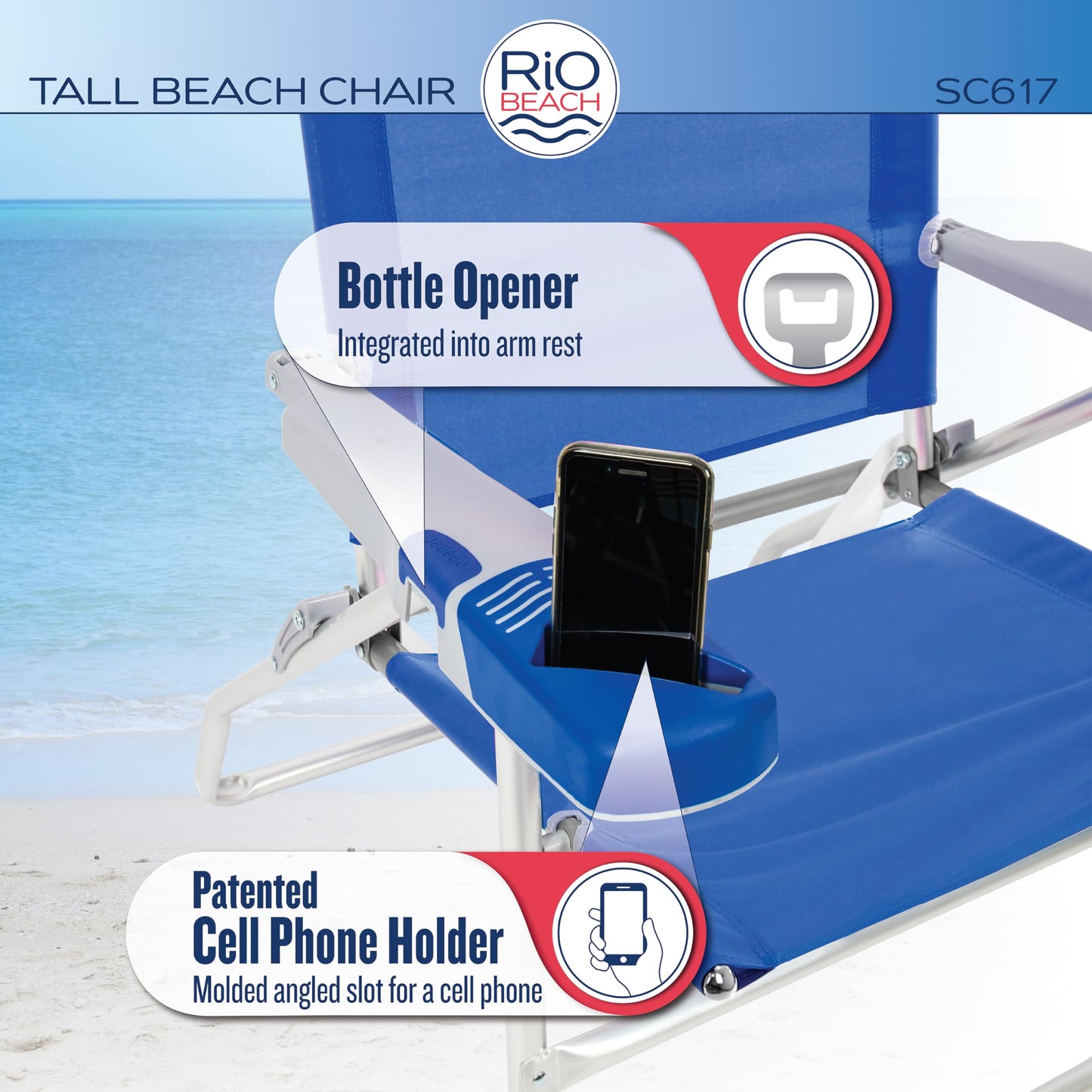 Rio Brands 17" Extended Height 4-Position Folding Beach, Camping, Lawn Chair, Blue/White/Green