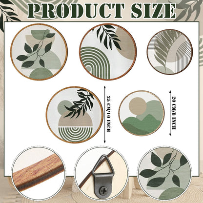 Qunclay 5 Pcs Wall Art Decor Wooden Living Room Wall Decor Bohemian Hanging Farmhouse Geometric 10'' and 8'' Aesthetic Wood Minimalist Posters for Bedroom(Greenery)