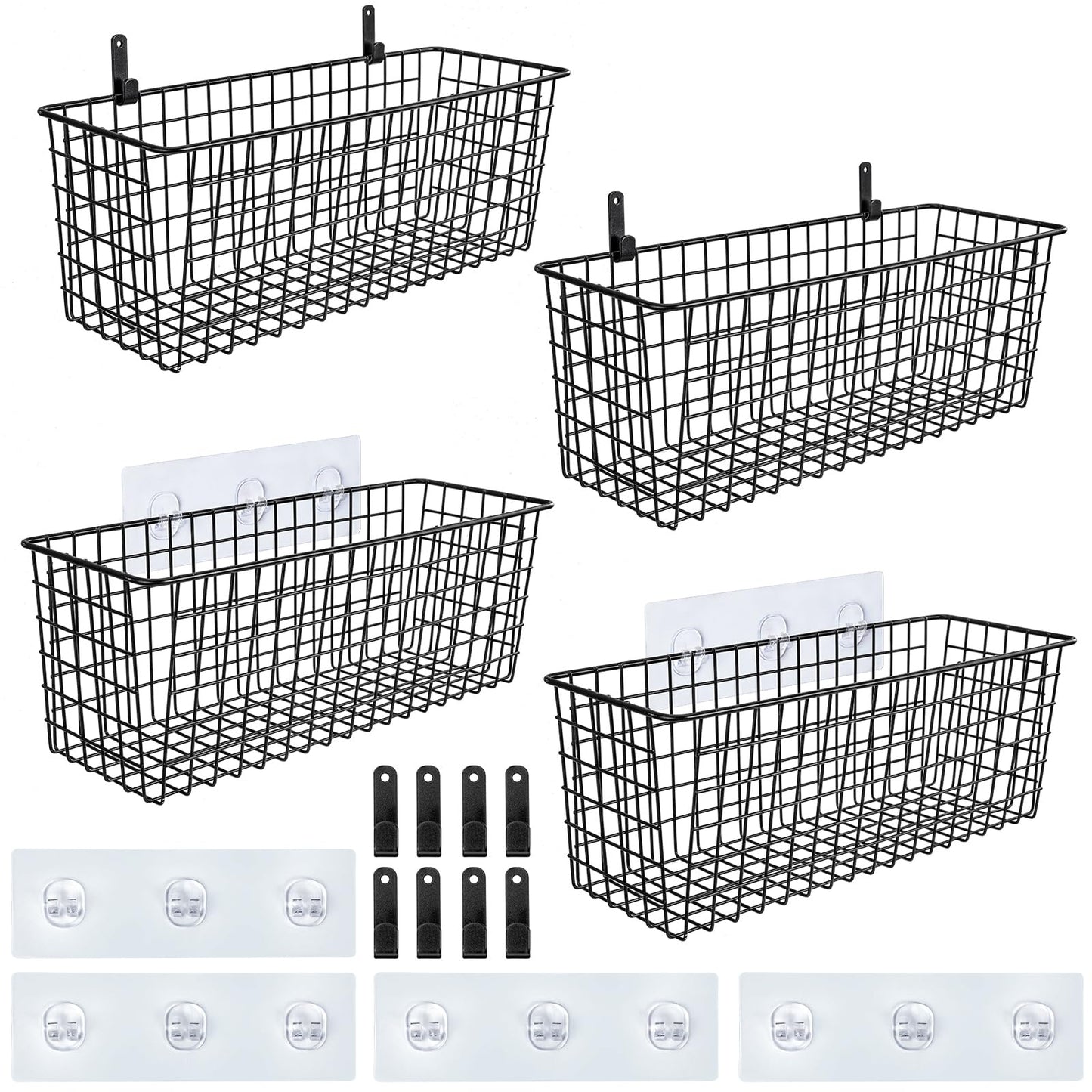 4 Set [EXTRA LARGE] Hanging Wall Mount Storage Baskets with Adhesive Hooks & Steel Hooks, Multiuse Sturdy Wire Metal Organizing Baskets for Home Kitchen Bathroom Pantry Utility Organizer, Black