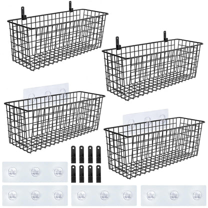 4 Set [EXTRA LARGE] Hanging Wall Mount Storage Baskets with Adhesive Hooks & Steel Hooks, Multiuse Sturdy Wire Metal Organizing Baskets for Home Kitchen Bathroom Pantry Utility Organizer, Black