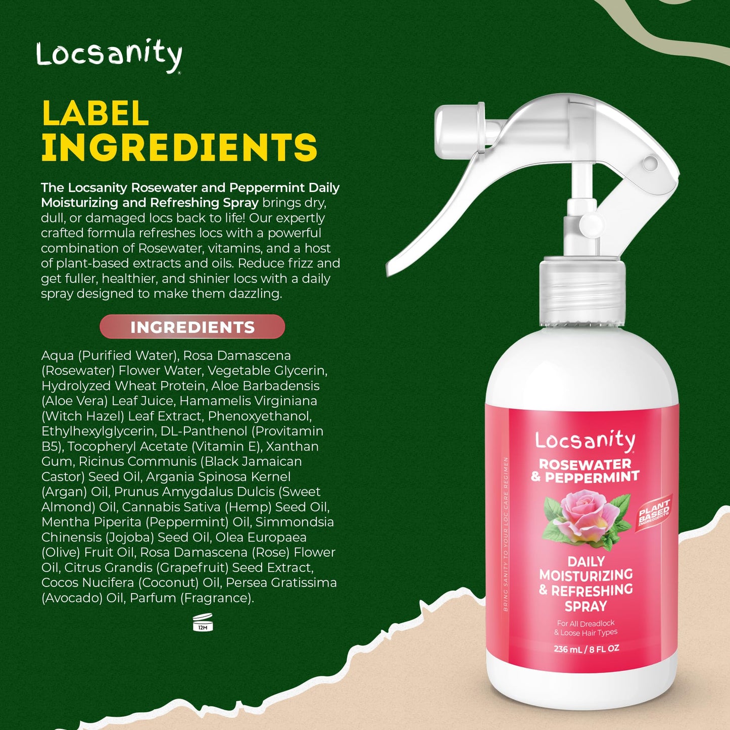 Locsanity Daily Moisturizing Refreshing Spray for Locs, Dreadlocks - Rose Water and Peppermint Hair Scalp Moisturizer, Dreadlock Spray - Natural Loc Care and Maintenance (8oz)