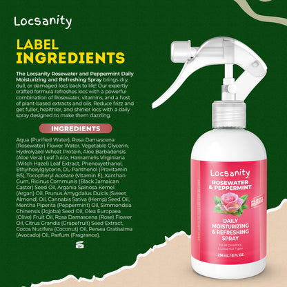 Locsanity Daily Moisturizing Refreshing Spray for Locs, Dreadlocks - Rose Water and Peppermint Hair Scalp Moisturizer, Dreadlock Spray - Natural Loc Care and Maintenance (8oz)