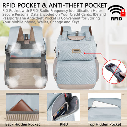 Mogplof Lunch Backpack for Women, 15.6 Inch Laptop Backpack with USB Port RFID Pocket, College Laptop Bookbag Work Travel Backpacks, Insulated Cooler Lunch Bag Gift for Business, Light Blue