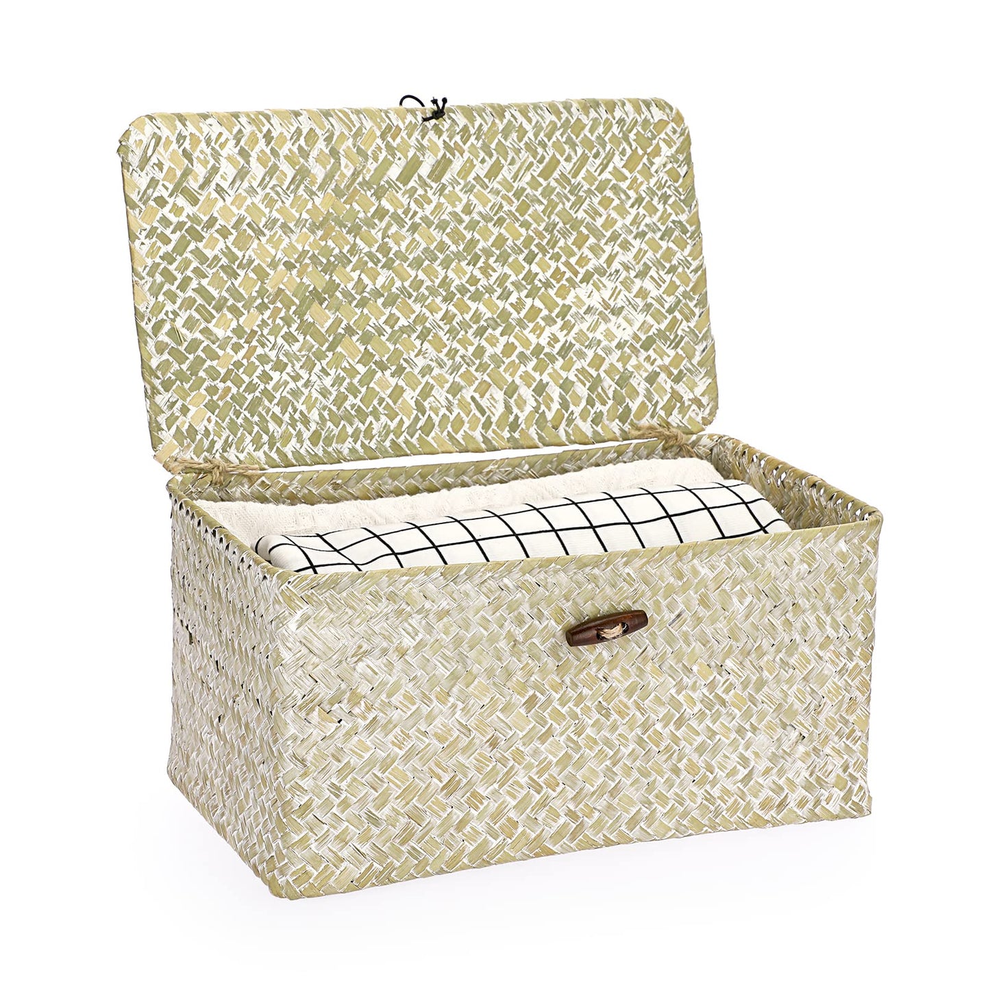 Hipiwe Seagrass Storage Basket Bins with Lid, Handwoven Wicker Shelf Baskets Bin Rectangular Household Basket Organizer Boxes for Shelf Closet Bedroom Home Decor, Whitewash Medium