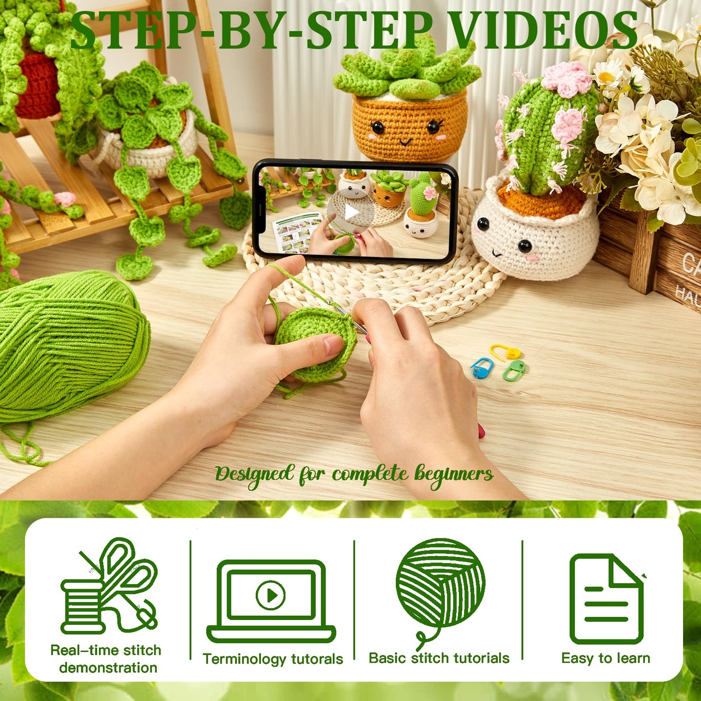 MAGIMUSE Crochet Kit for Beginners, Crochet Starter Kits, Amigurumi Craft Knitting Crocheting Kits with Step-by-Step Video Tutorials, 6 Pack Hanging Potted Plants Family(40%+ Yarn