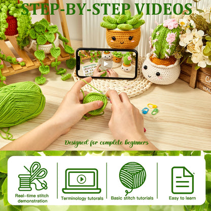 MAGIMUSE Crochet Kit for Beginners, Crochet Starter Kits, Amigurumi Craft Knitting Crocheting Kits with Step-by-Step Video Tutorials, 6 Pack Hanging Potted Plants Family(40%+ Yarn