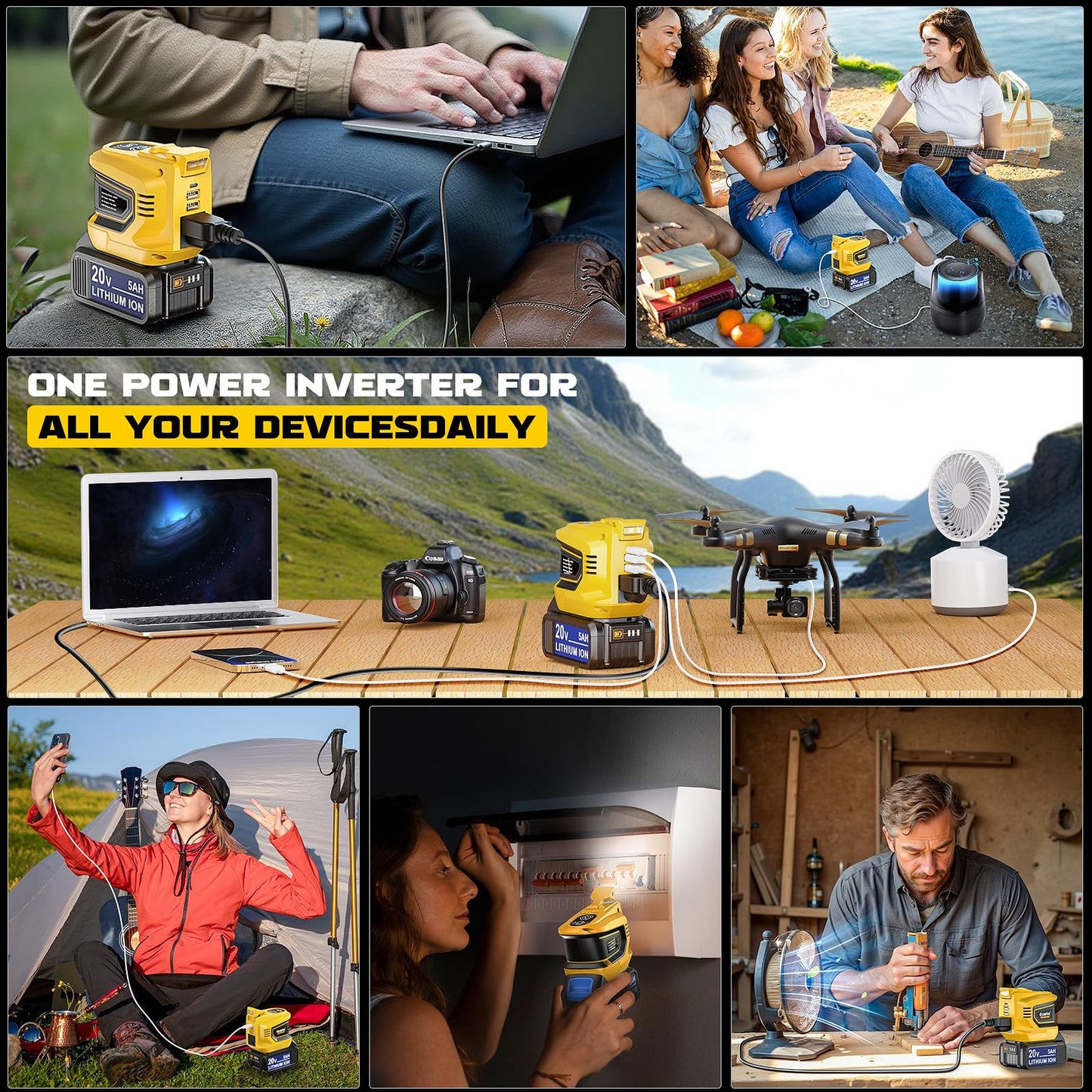Power Inverter 200W Portable Power Station Generator Compatible with DeWALT, Ecarke Supply Charger Adapter with Dual USB,AC Outlet and Type-C with 5Ah Battery & Charger Station Kit