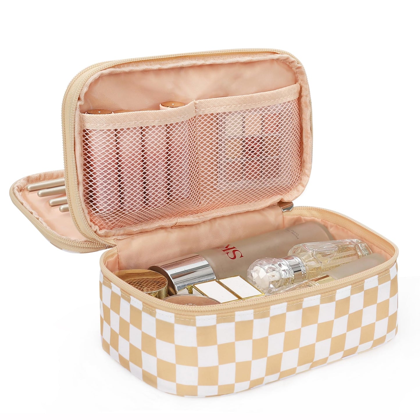 Relavel Travel Makeup Bag with Brush Holder, Dual-Layer Small Cosmetic Organizer, Portable Toiletry Bag for Accessories Storage, Cute Make Up Bag for Gift, Trip, Camp, Daily Use - Plaid