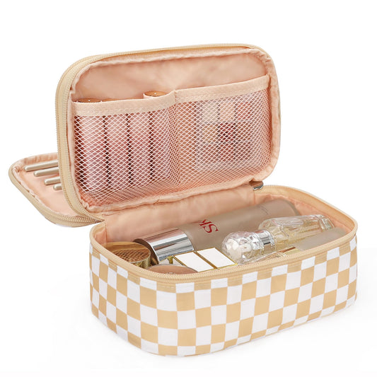 Relavel Travel Makeup Bag with Brush Holder, Dual-Layer Small Cosmetic Organizer, Portable Toiletry Bag for Accessories Storage, Cute Make Up Bag for Gift, Trip, Camp, Daily Use - Plaid