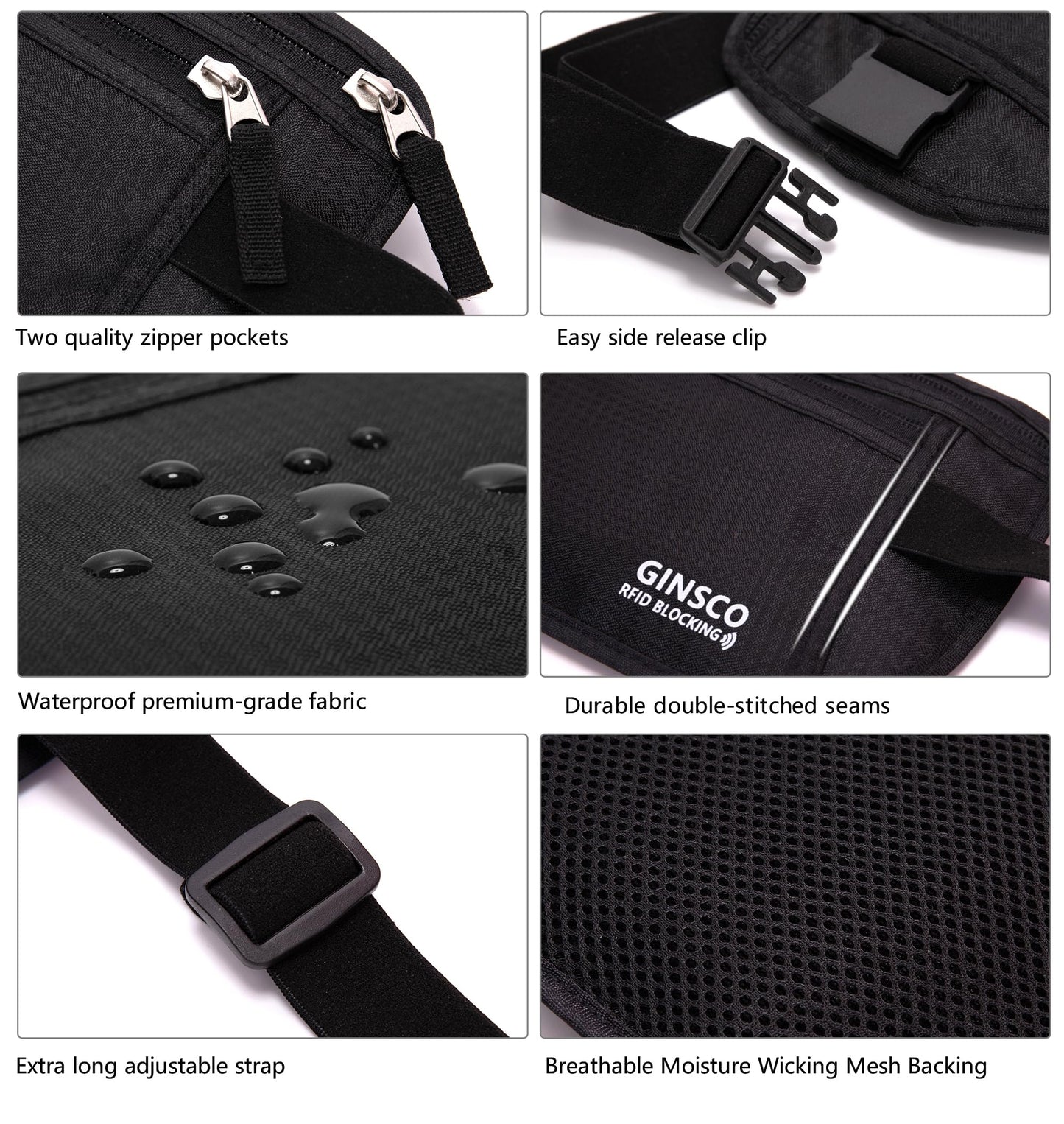 Money Belt for Travel Women Hidden Ginsco Slim RFID Blocking Passport Holder Unisex Travel Money Belt Under Clothes Anti Theft Travel Hidden Wallet for Travelling Workout Running Black 11''