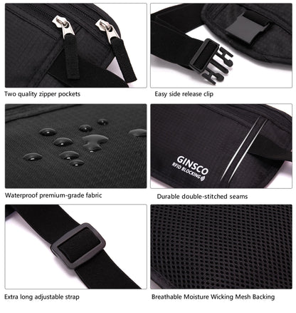 Money Belt for Travel Women Hidden Ginsco Slim RFID Blocking Passport Holder Unisex Travel Money Belt Under Clothes Anti Theft Travel Hidden Wallet for Travelling Workout Running Black 11''
