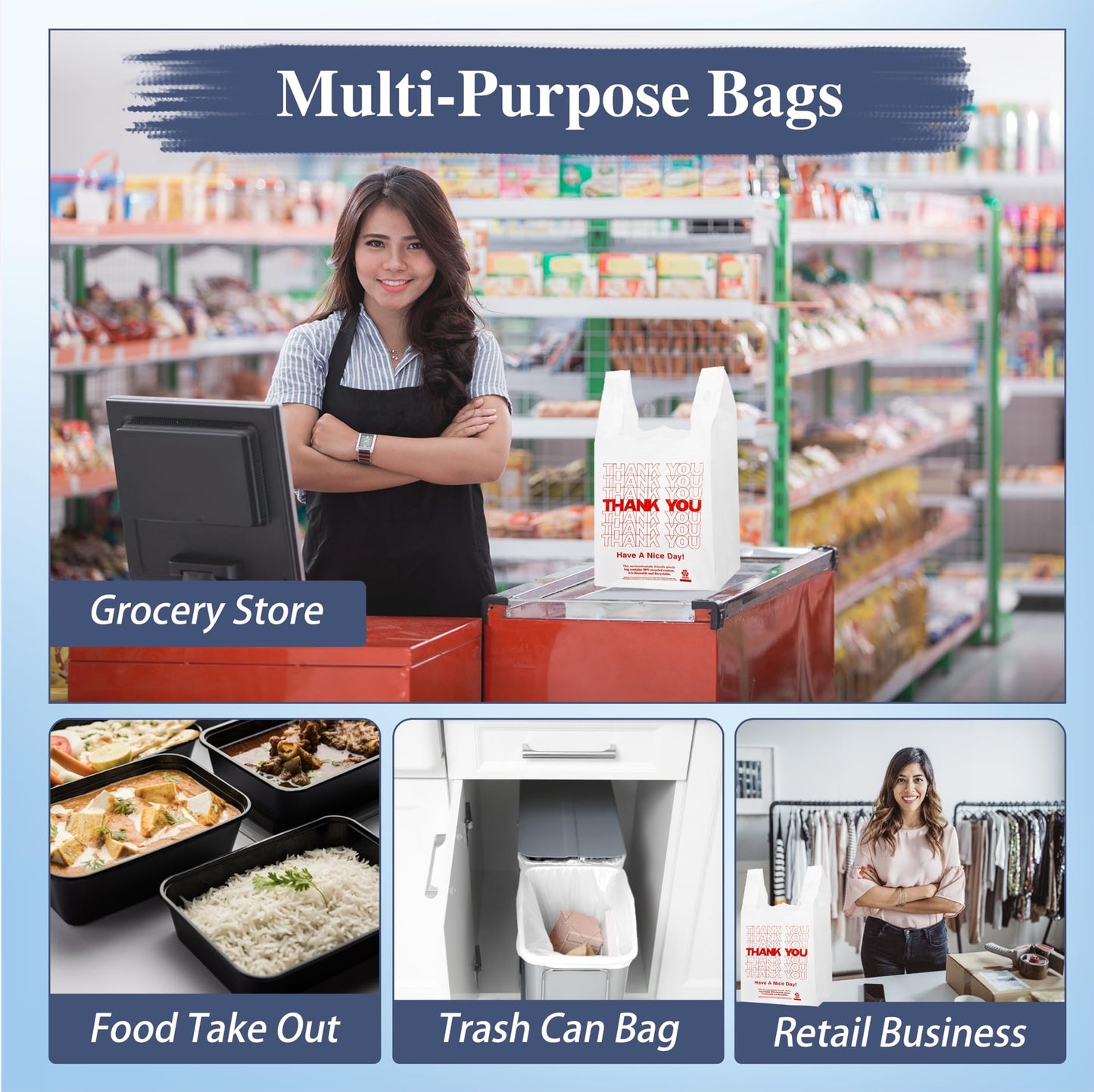 1000 Count White Disposable Thank You Bags with Handles - 11''x6''x21'' Plastic Carry Bags for Retail/Supermarket