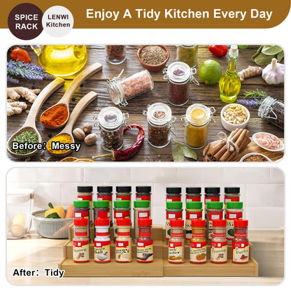 Lenwi Spice Rack Organizer for Cabinet, 3 Tier Expandable Bamboo Spice Storage, Great for Kitchen Cabinet, Cupboard,Pantry and More