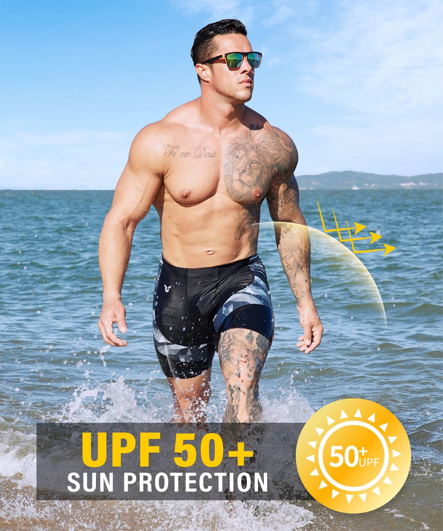 Men's Rash Guard Swim Shorts Compression Swimming Jammer Cool Dry Active Swimsuit Workout Shorts Sports Tights(Shark,XL)