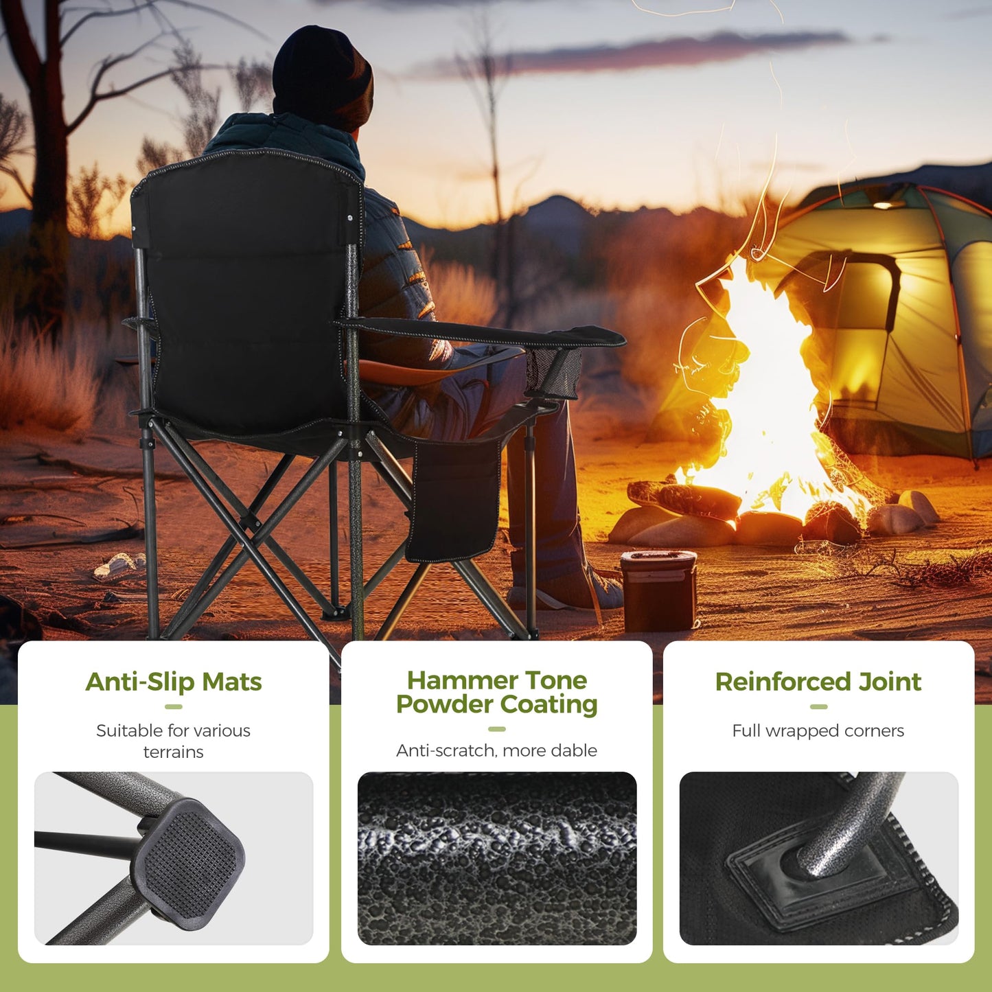 ALPHA CAMP Oversized Camping Folding Chair, Heavy Duty Support 450 LBS Steel Frame Collapsible Padded Arm Chair with Cup Holder Quad Lumbar Back, Portable for Outdoor,Black