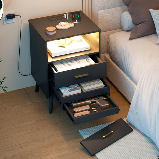LVSOMT Black Nights Stand with Gun Drawer, Bedroom LED Nightstand with Charging Station, Bedside Table with Metal Legs, Wood Sofa Couch End Side Table