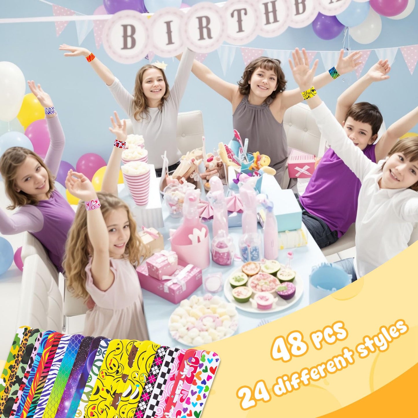 LovesTown Slap Bracelets for Kids, 48 PCS Snap Bracelets Bulk Party Favors Goodie Bag Stuffers Exchanging Gifts Classroom Prizes