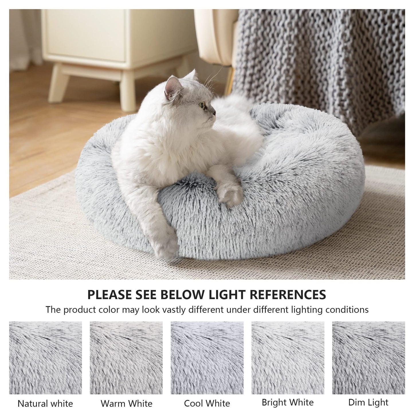Love's cabin Calming Cat Bed for Indoor Cats, Anti-Anxiety Donut Round Dog Bed, Fluffy Faux Fur Washable Pet Bed for Small Medium Dogs and Cats,Grey,20in