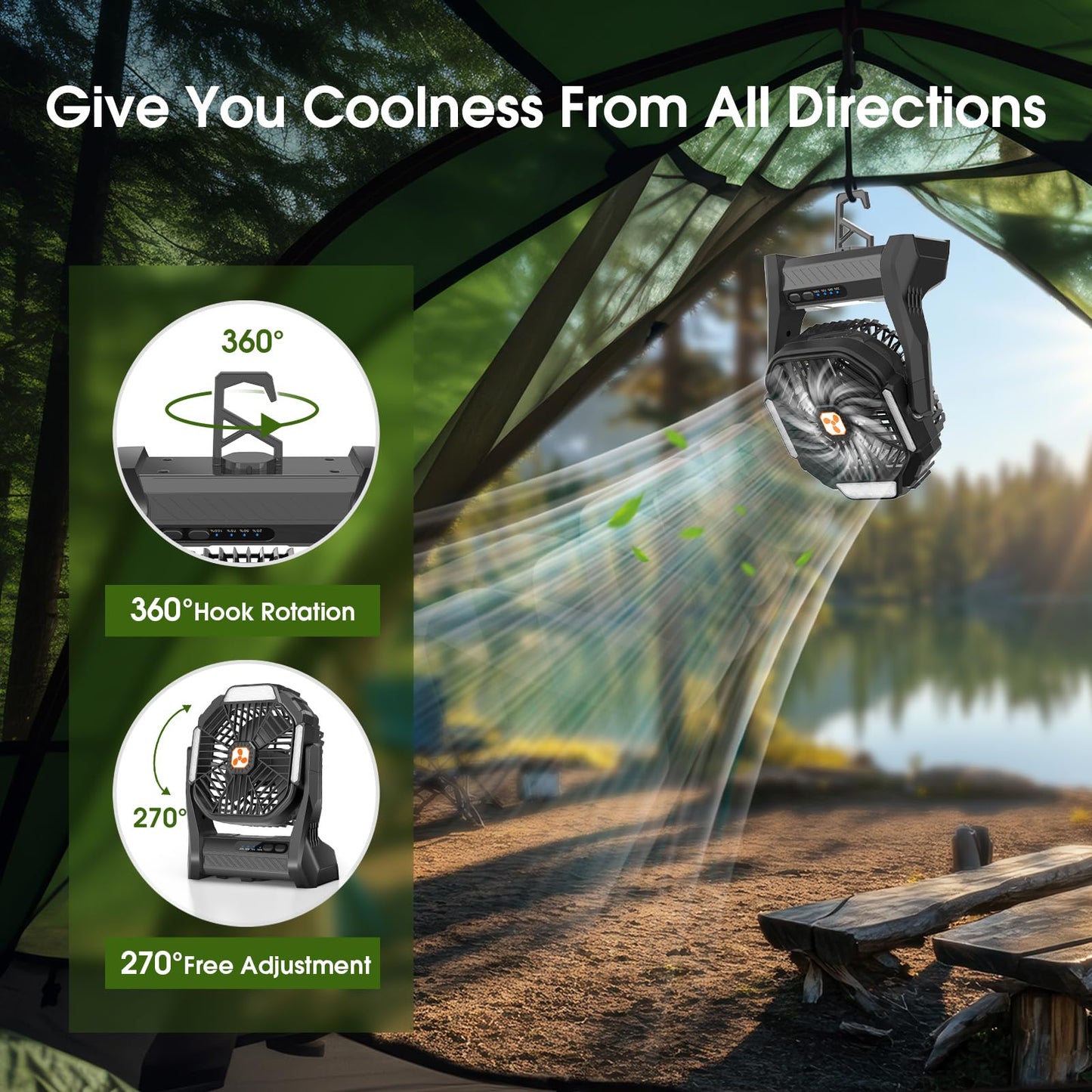 Portable Rechargeable Fan, 20000mAh Cordless Battery Powered Camping Tent Fans with LED Lantern, Small USB C Operated Outdoor Ventilador for Travel Camp Fishing Picnic Beach Office Home Essentials