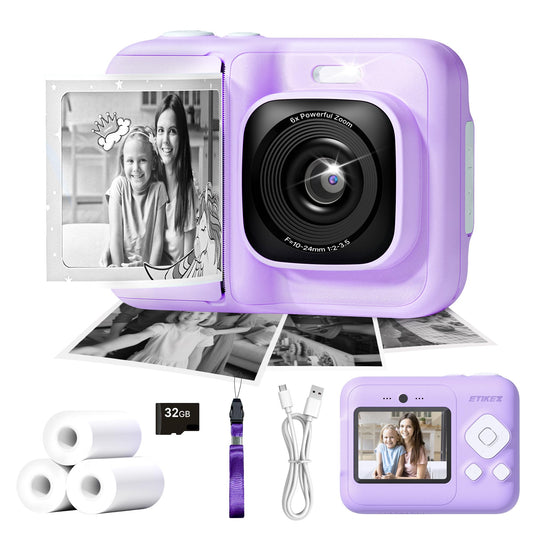 ETIKEZ Kids Camera, 1080P Instant Digital Print Camera for Kids, Christmas Birthday Gifts for 4 5 6 7 8 9 10 Year Old Girls Boys, Portable Toy with 32GB SD Card & 3 Rolls Printing Paper, Purple