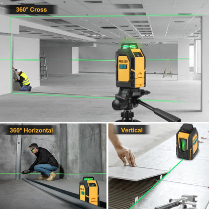 PREXISO 360° Laser Level with Tripod, 100Ft Self Leveling Cross Line Laser- Green Horizontal Line for Construction, Floor Tile, Renovation with Target Plate, Green Glasses, Carry Bag, 4 AA Batteries