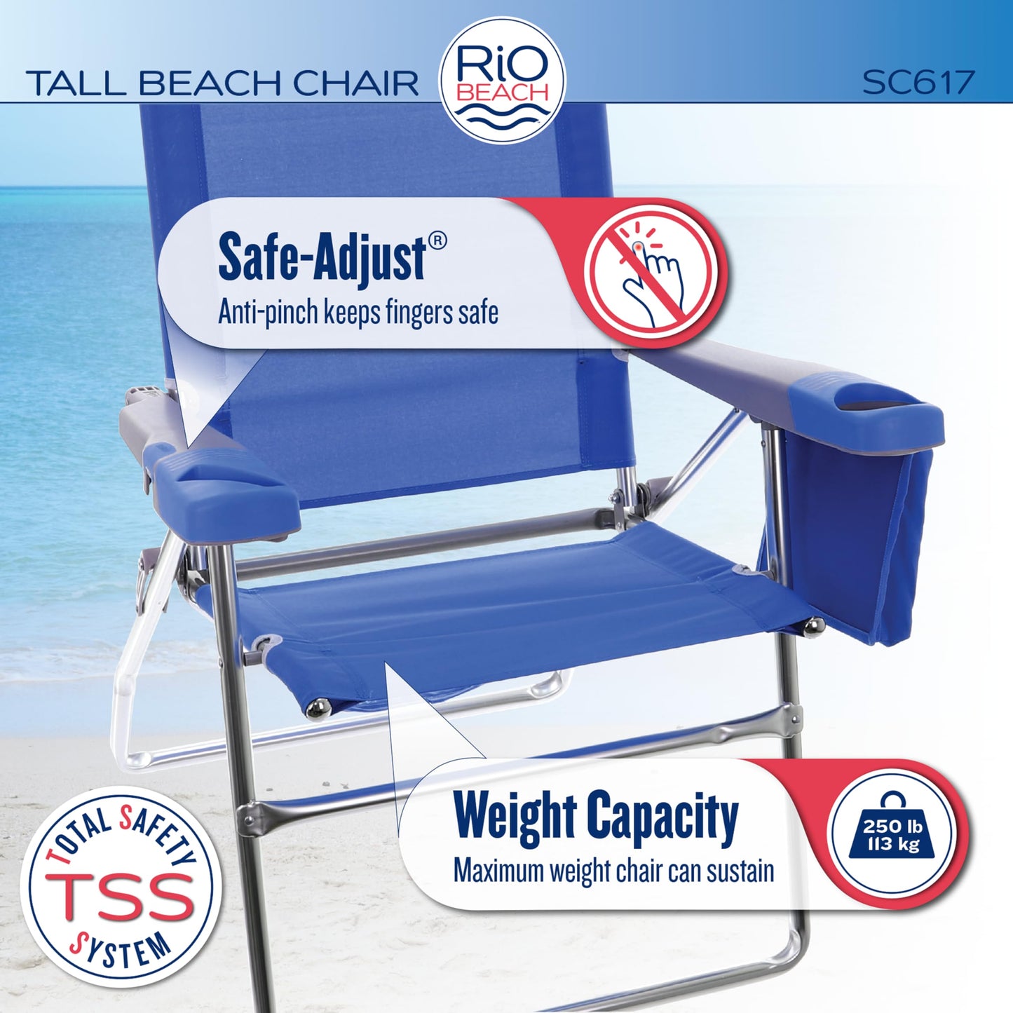 Rio Brands 17" Extended Height 4-Position Folding Beach, Camping, Lawn Chair, Blue/White/Green