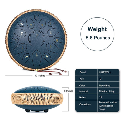 HOPWELL Steel Tongue Drum - 15 Note 12 Inch Tongue Drums - Percussion Instruments - Hand Pan Drum with Music Book, Drum Mallets and Carry Bag, D Major, Navy Blue