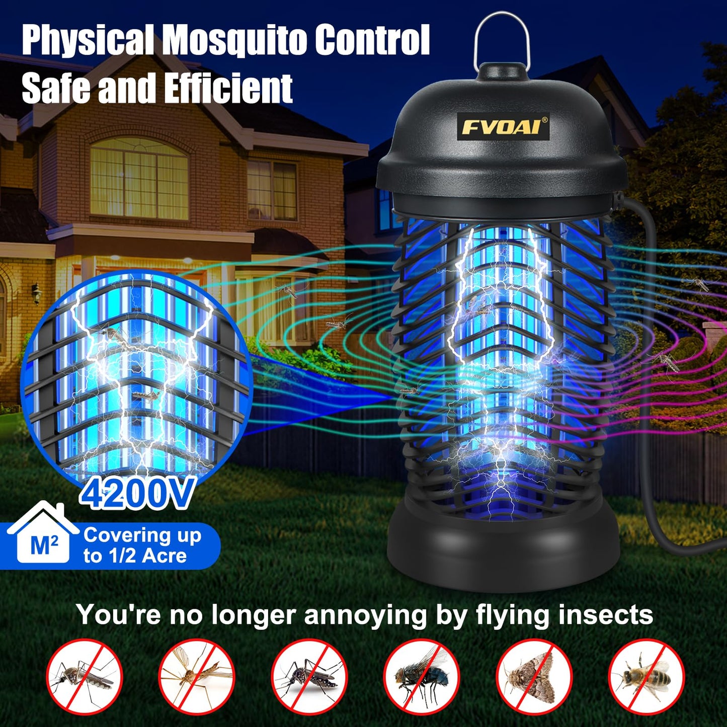 FVOAI Bug Zapper Outdoor, Mosquito Zapper, Fly Zapper, Fly Traps, Mosquito Trap for Outdoor, 3 Prong Plug, ABS Plastic Outer