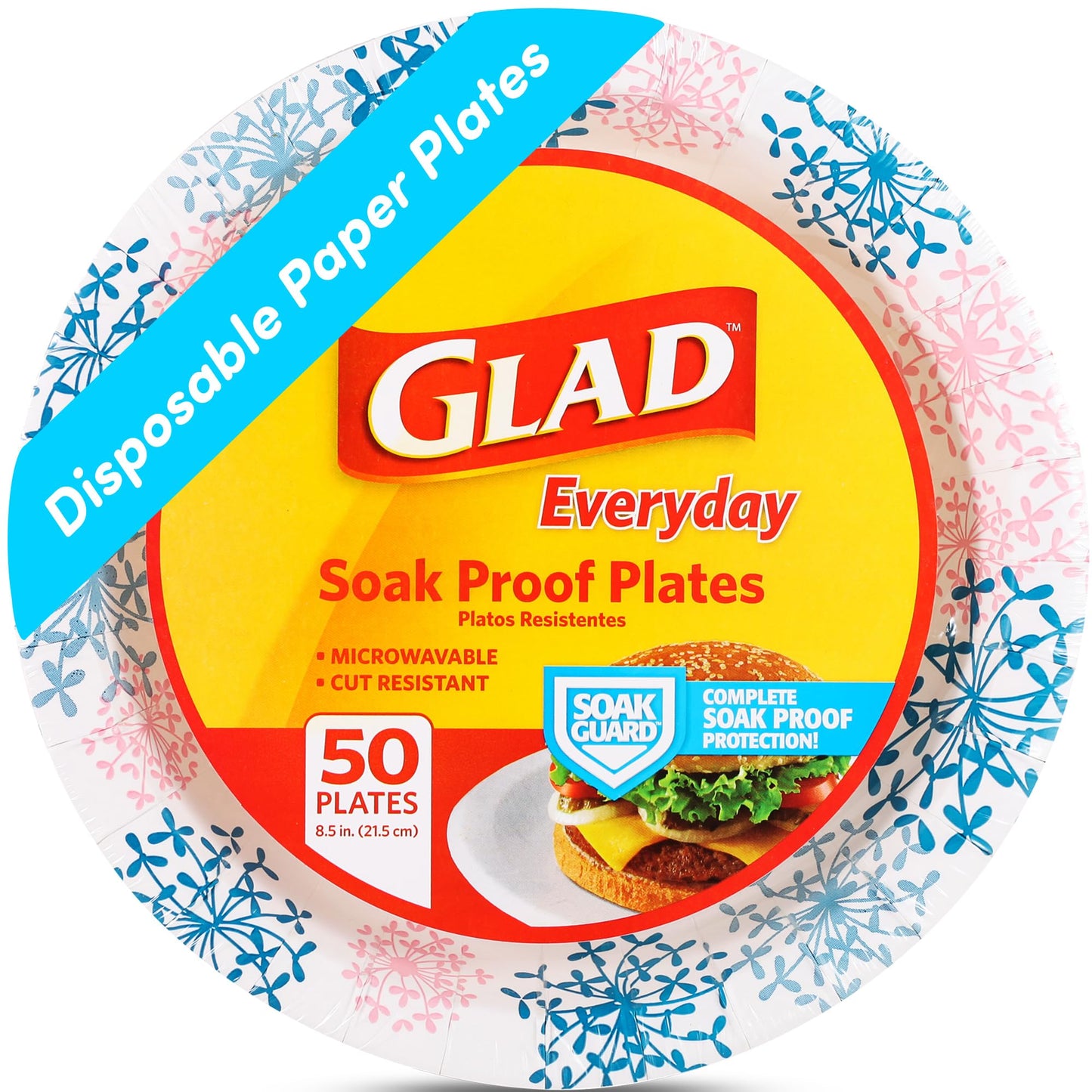 Glad Round Disposable Paper Plates for All Occasions | Soak Proof, Cut Proof, Microwaveable Heavy Duty Disposable Plates | 8.5" Diameter, 50 Count Bulk Paper Plates