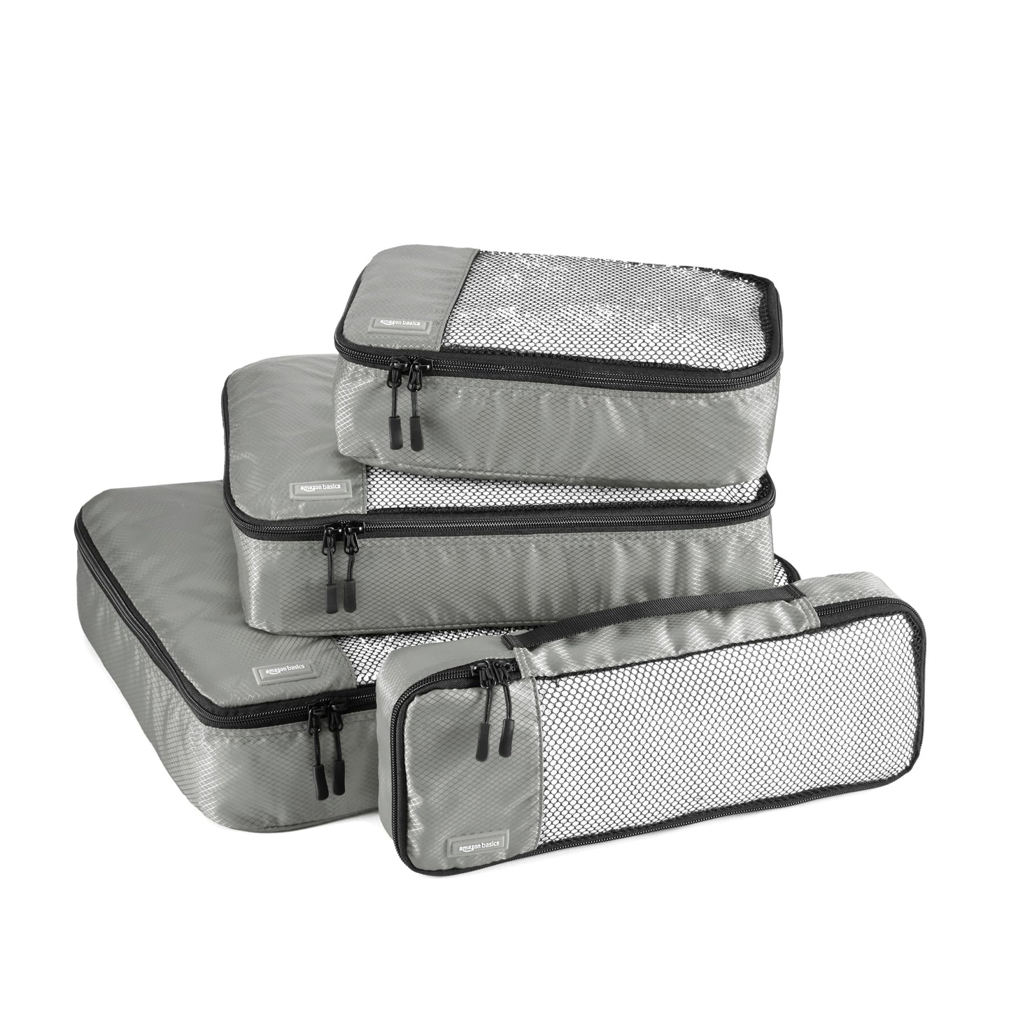 Amazon Basics Lightweight Packing Cubes Travel Organizer Set with Double Zipper, Mesh Top, Multiple Sizes, 4 Piece, Gray