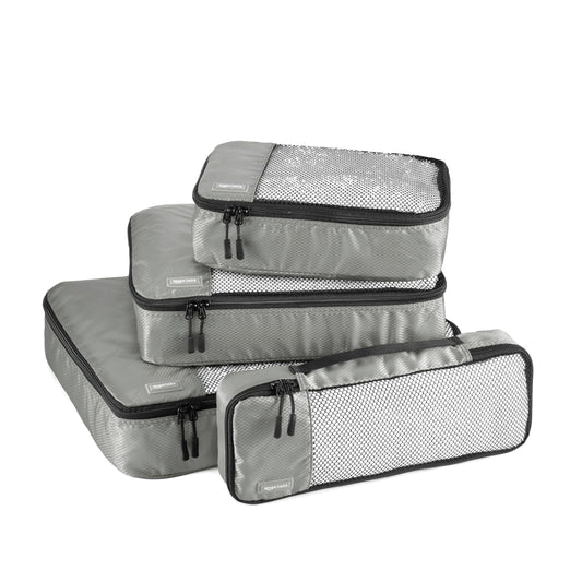Amazon Basics Lightweight Packing Cubes Travel Organizer Set with Double Zipper, Mesh Top, Multiple Sizes, 4 Piece, Gray