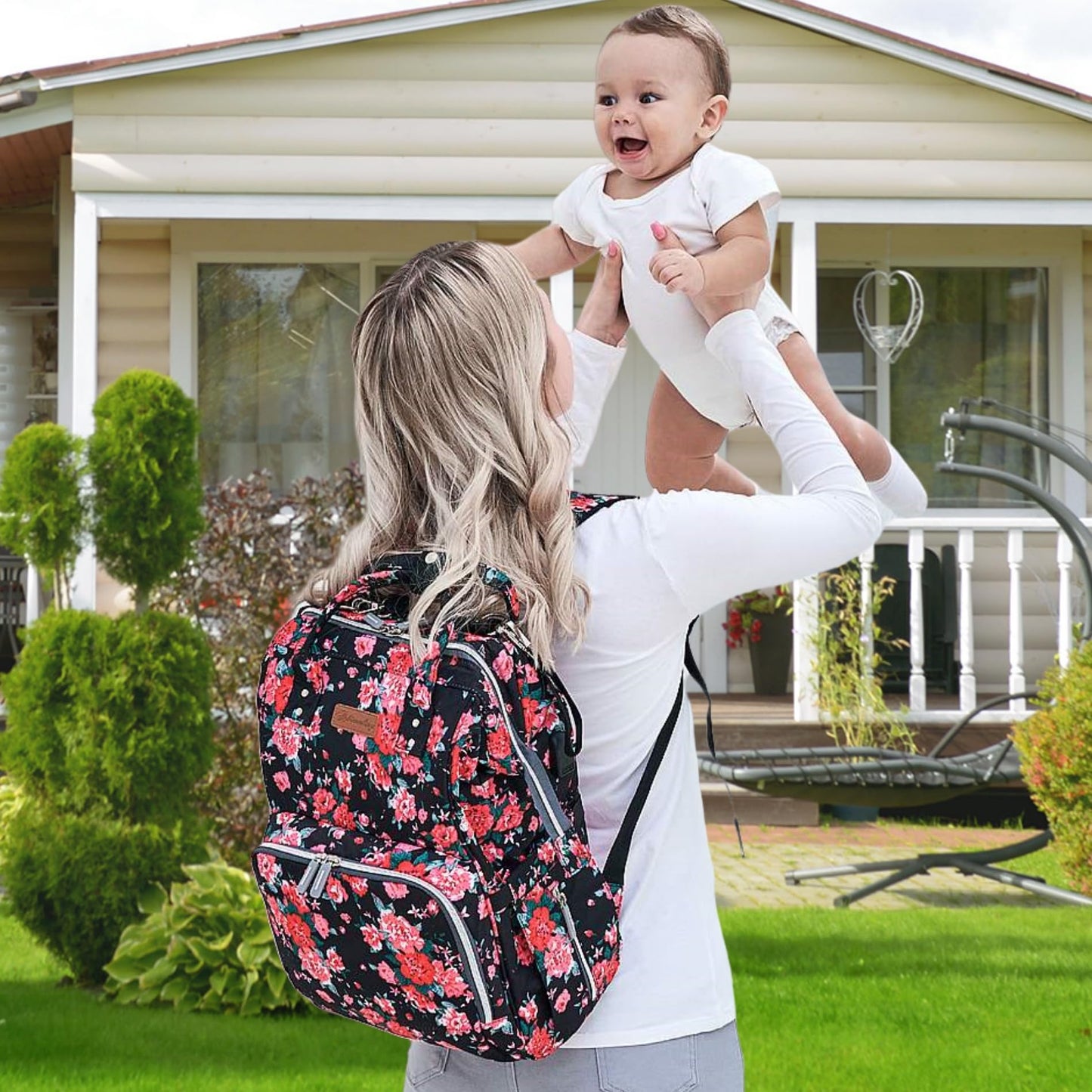 QWREOIA Floral Diaper Bag Backpack with USB Charging Port Stroller Straps and Insulated Pocket, Travel Bag Nappy Backpack For Women/Mum (Red Flower Pattern)