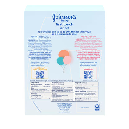 Johnson's First Touch Baby Gift Set, Baby Bath, Skin & Hair Essential Products, Kit for New Parents with Wash & Shampoo, Lotion, & Diaper Rash Cream, Hypoallergenic & Paraben-Free, 4 items