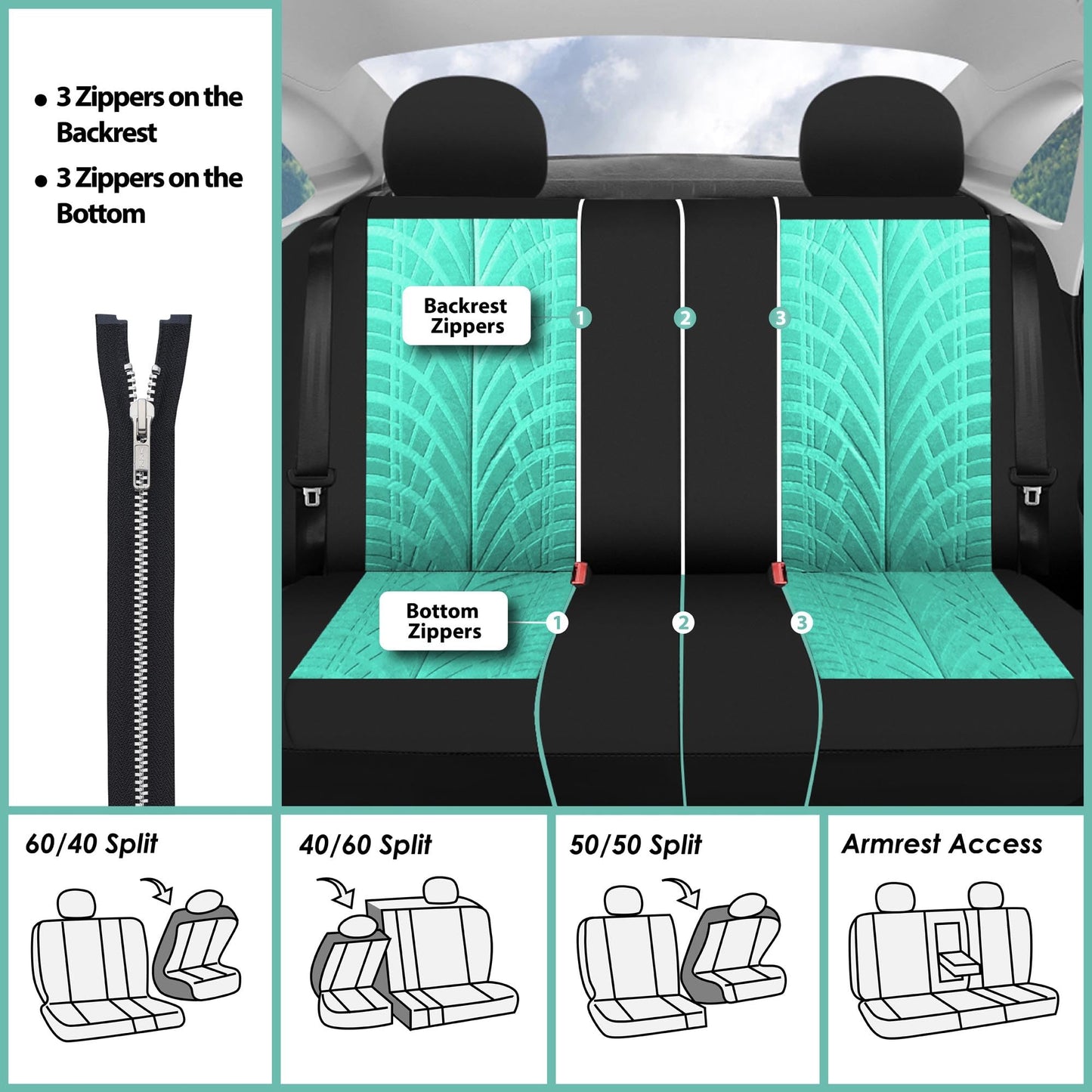 FH Group Full Set Premium Cloth Car Seat Covers - Universal Fit, Low Back Front Seat Covers, Airbag Compatible, Split Bench Rear Seat, Washable Seat Cover for SUV, Sedan, Mint