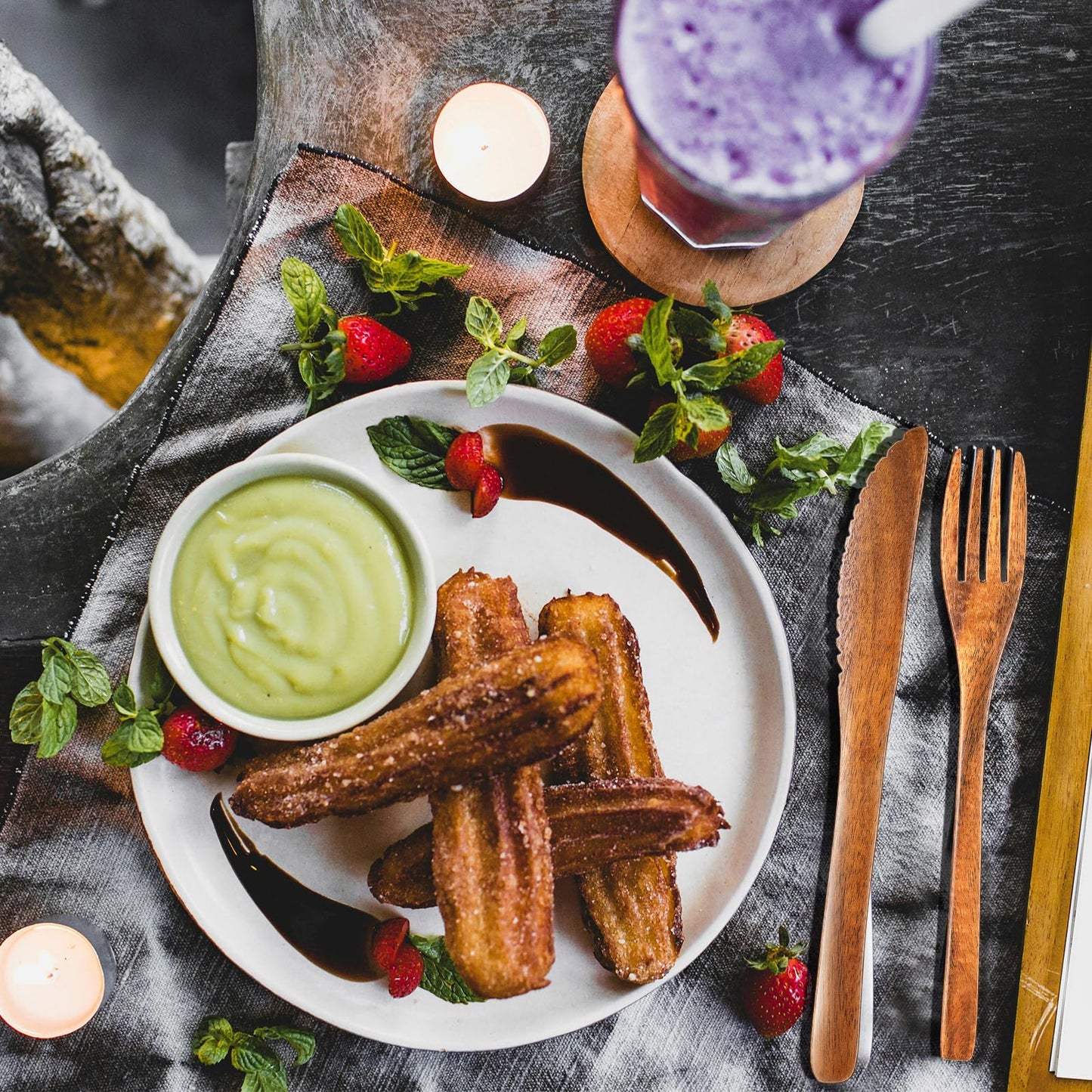 Geiserailie 12 Pcs Wooden Utensils for Eating Wooden Spoon Fork Knife Cutlery Set Kitchen Wood Dinner Flatware Tableware Set Includes Spoon, Fork, Knife (Teak Wood)