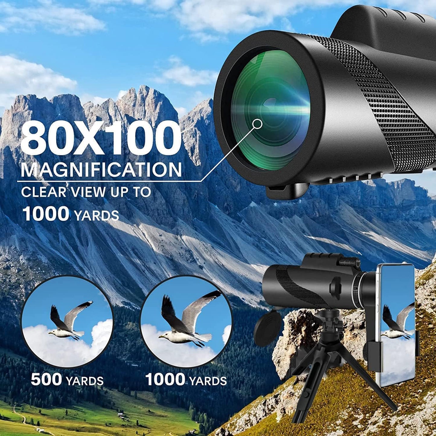 Monocular-Telescope 80x100 High Powered Monoculars High Definition for Adults High Powered with Smartphone Adapter Telescope Hunting Wildlife Bird Watching Travel Camping Hiking-Black