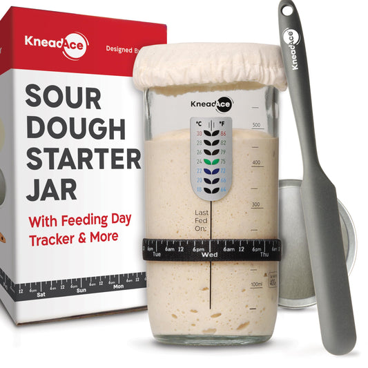 KneadAce Sourdough Starter Jar With Date Marked Feeding Band, Thermometer, Sourdough Jar Scraper, Sourdough Container Sewn Cloth Cover & Metal Lid, Sourdough Starter Kit