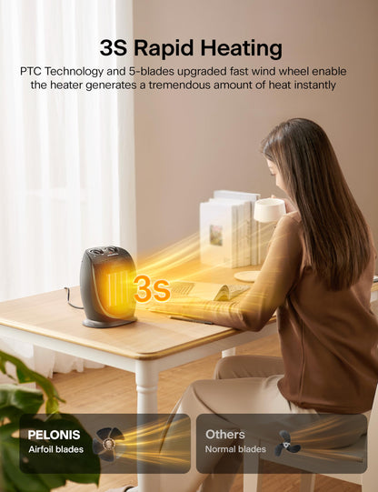 PELONIS PHTA1ABB Portable, 1500W/900W, Quiet Cooling & Heating Mode Space Heater for All Season, Tip Over & Overheat Protection,for Home, Office Personal Use, Black , 9inch