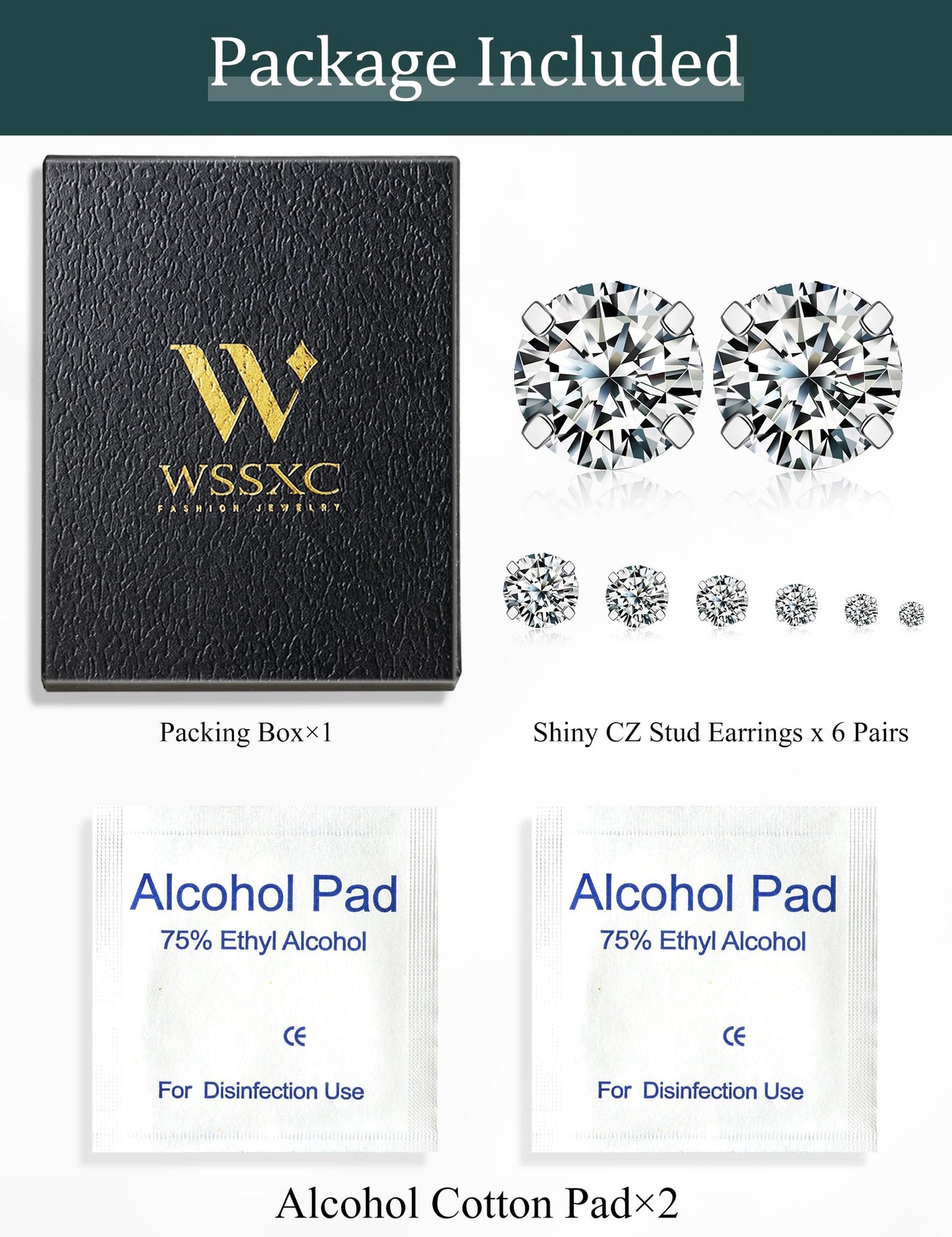 6 Pairs Stud Earrings Set, Hypoallergenic Cubic Zirconia 316L Earrings Stainless Steel CZ Earrings 3-8mm (Steel color)