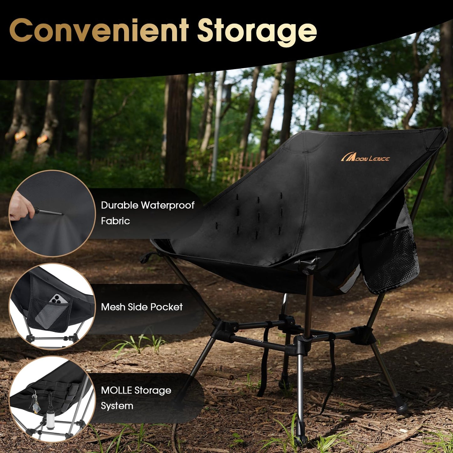 MOON LENCE Portable Camping Chair Plus, Larger & Roomier, Compact and Lightweight Still, Folding Chair for Backpacking & Hiking, 330Lbs Capacity (Black)