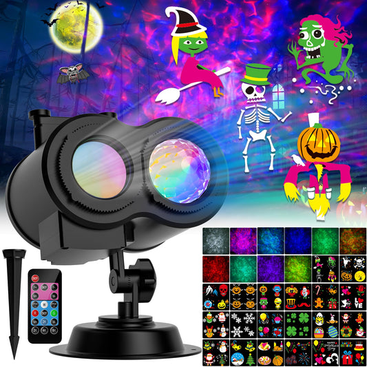 2025 Upgrade Halloween Christmas Projector Lights Outdoor, COOLWUFAN 2-in-1 Moving Patterns Landscape Lights, 30 HD Effects (3D Ocean Wave)Projection Light for Xmas Halloween Party Garden Decorations