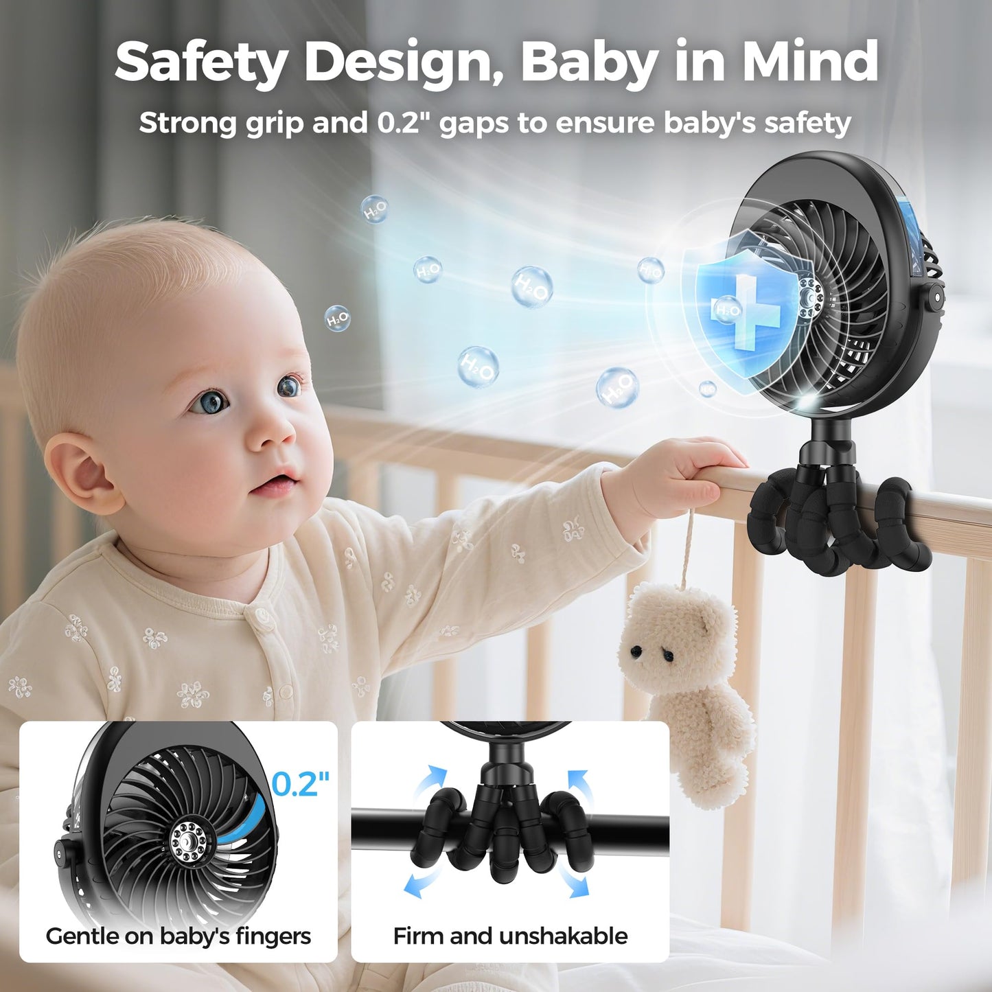 2025 Upgarded 4000mAh Misting Baby Stroller Fan, Rechargeable Battery Operated,Max 15Hrs Cooling,50ml Portable Water Sprayer Misting Fan with Flexible Tripod Clip on Car Seat Crib Treadmill Bunk Bed
