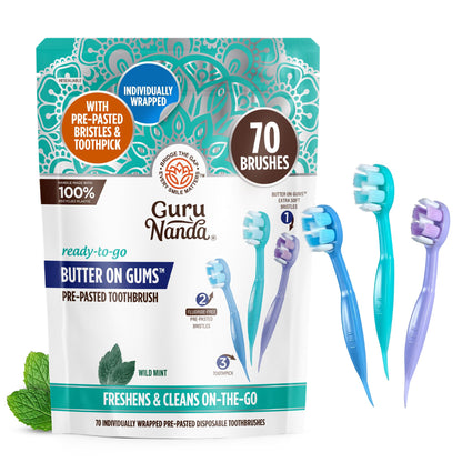 GuruNanda Ready-to-Go Disposable Mini Travel Toothbrushes - Butter on Gums Softex Bristles, Pre-Pasted Toothbrush & Toothpick - Fluoride-Free, No Rinsing Needed, 70 Ct