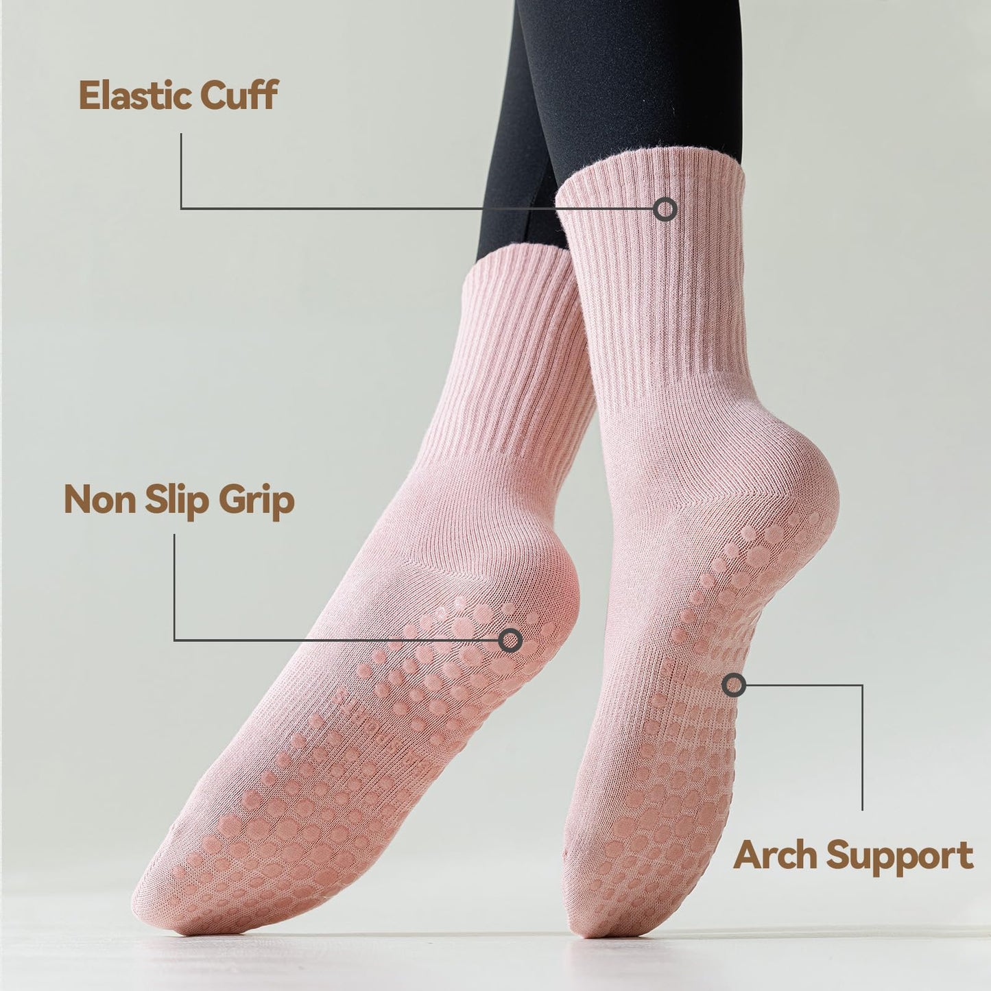 4 Pairs Pilates Socks with Grips for Women, Non Slip Yoga Athletic Ballet Barre Dance Workout Crew Socks